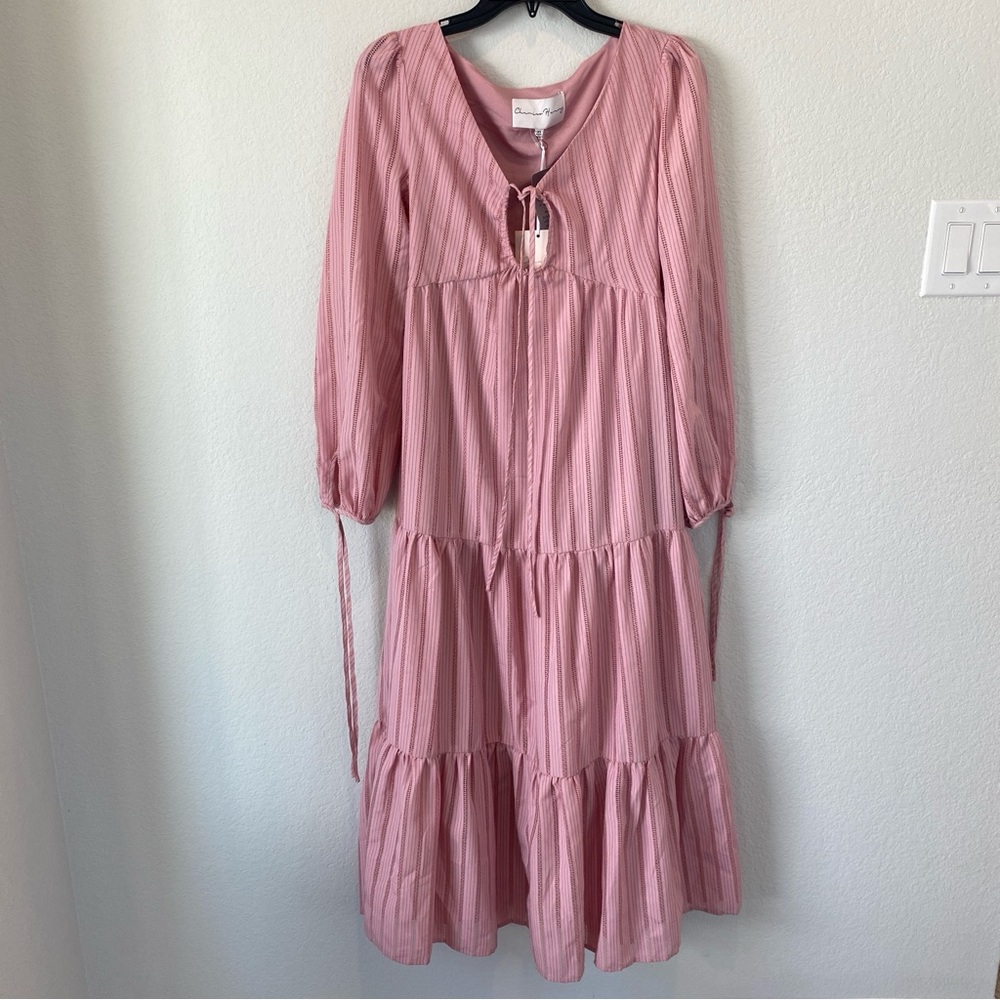 Charles Henry Pink Long Sleeve Tiered Midi Dress